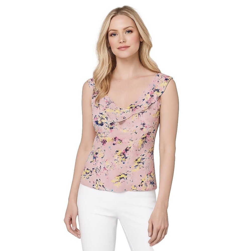 NWT White House Black Market Sleeveless Ruffle Top Petal Swirls Sepia 10